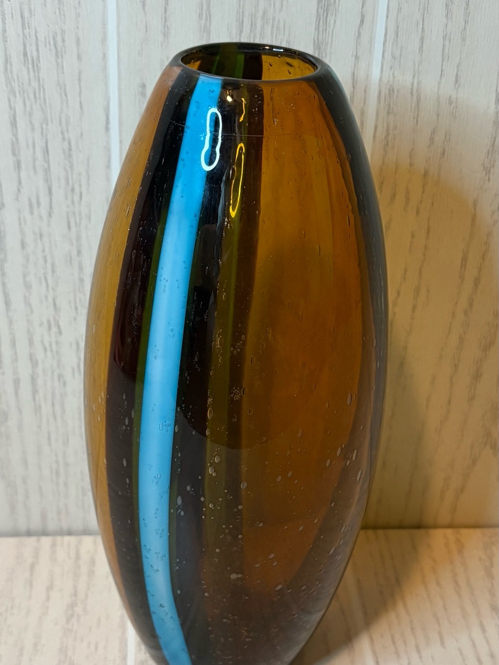 Pier 1 Amber Glass Vase with Blue Stripe Bubble Glass